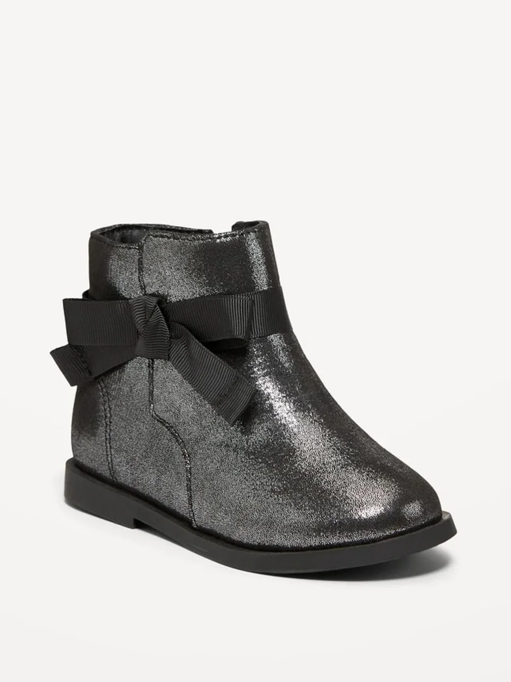 Metallic Black Girl's Ankle Boot with Side Bow